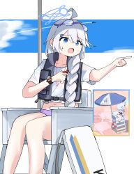  absurdres ahoge beach_umbrella bell black_vest blue_archive blue_eyes blue_halo blue_sky braid eyewear_on_head feet_out_of_frame female goggles goggles_on_head gruppe hair_ornament hairclip halo highres holding holding_whistle kirino_(blue_archive) kirino_(swimsuit)_(blue_archive) lifeguard_tower navel official_alternate_costume open_mouth pointing see-through_clothes see-through_shirt shirt single_braid sitting sky solo sweat swept_bangs thighs umbrella vest whistle whistle_around_neck white_background white_hair white_shirt 