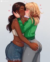  2girls ass blonde_hair blue_shorts blush brown_hair closed_eyes dark-skinned_female dark_skin denim denim_shorts english_commentary french_kiss green_sweater grey_pants hand_on_another&#039;s_ass hands_on_another&#039;s_head heart highres interracial kissing kitsukinsfw multiple_girls open_mouth original pants red_nails shorts sweat sweater tank_top white_tank_top yuri 