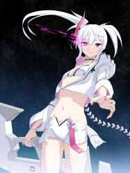  black_rock_shooter bra female flaming_eye flat_chest flatbox highres holding holding_weapon jacket midriff navel pink_eyes pink_nails short_shorts shorts solo star-shaped_pupils star_(symbol) symbol-shaped_pupils twintails underwear uneven_twintails weapon white_bra white_hair white_jacket white_rock_shooter white_shorts 