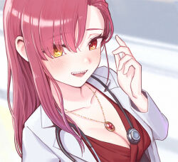  a-ka alternate_costume black_shirt blurry blurry_background blush breasts cleavage coat commentary_request female heterochromia hololive houshou_marine jewelry lab_coat long_hair looking_at_viewer open_mouth pendant red_eyes red_footwear red_hair red_shirt sharp_teeth shirt skirt smile solo teeth upper_body virtual_youtuber white_coat yellow_eyes 