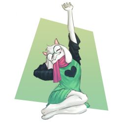  1:1 ambiguous_gender anthro bennyvania bovid caprine clothing deltarune dress eyewear glasses goat green_clothing green_dress hi_res horn male_(lore) mammal ralsei scarf simple_background solo stretching undertale_(series) 