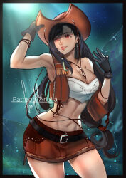  1girls alternate_costume arialla_draws belt big_breasts black_hair cleavage cowboy_hat cowgirl_hat cowgirl_outfit earrings female final_fantasy final_fantasy_vii gloves hi_res long_hair midriff midriff_baring_shirt navel red_eyes skirt smile solo tifa_lockhart 