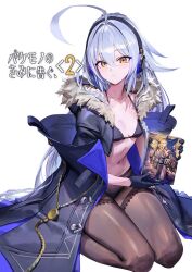  ahoge black_gloves blue_hair breasts copyright_request female fur_trim gesoking gloves hair_between_eyes headphones kneeling long_coat long_hair looking_at_viewer navel pantyhose simple_background small_breasts solo white_background yellow_eyes 