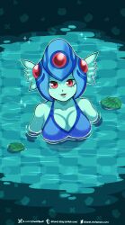  bikini blue_bikini blue_hat breasts cleavage colored_skin dclaret digimon digimon_(creature) female fins frog green_skin hat head_fins highres large_breasts looking_at_viewer partially_submerged ranamon red_eyes solo swimsuit twitter_username web_address 