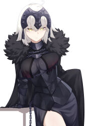  absurdres ahoge armor armored_dress black_dress breasts chains collar dress fate/samurai_remnant fate_(series) female gauntlets grey_hair headpiece highres jeanne_d&#039;arc_(fate) jeanne_d&#039;arc_alter_(fate) jeanne_d&#039;arc_alter_(lancer)_(fate) large_breasts looking_at_viewer metal_collar okuma707 plackart short_hair solo yellow_eyes 