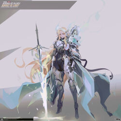  armor armored_boots black_gauntlets blonde_hair boots breastplate female full_armor full_body gauntlets grey_background headgear high_heel_boots high_heels highres long_hair mecha_musume original planted planted_sword simple_background smjim1986 solo sword very_long_hair weapon 