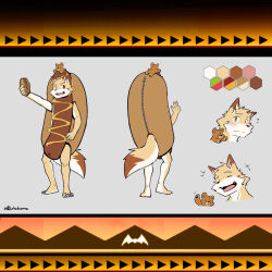  2024 5_fingers 5_toes anthro barefoot bear blush canid canine claws closed_eyes clothing costume embarrassed fangs feet fingers green_eyes happy heterochromia hi_res holding_hot_dog hot_dog_costume lokabrenna looking_at_viewer male mammal model_sheet open_mouth red_eyes solo tail teeth toes 