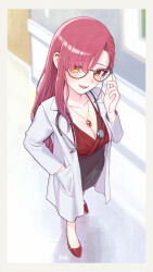  a-ka alternate_costume bespectacled black-framed_eyewear black_skirt blurry blurry_background blush breasts cleavage coat commentary_request female full_body glasses heterochromia highres hololive houshou_marine jewelry lab_coat long_hair looking_at_viewer open_mouth pendant red_eyes red_footwear red_hair red_shirt sharp_teeth shirt skirt smile solo teeth virtual_youtuber white_coat yellow_eyes 