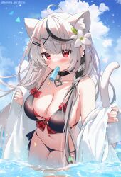  ahoge animal_ears ayamy bikini black_bikini braid breasts cat_ears cat_tail ear_piercing female flower food food_in_mouth grey_hair hair_flower hair_ornament heart_collar highres hololive large_breasts long_hair navel ocean piercing pink_nails popsicle popsicle_in_mouth red_eyes sakamata_chloe side_braid swimsuit tail very_long_hair virtual_youtuber wading 