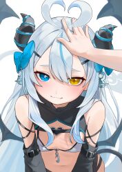  1other :3 absurdres akugaki_koa antenna_hair bare_shoulders bikini black_sleeves blue_bow blue_eyes blush bow breasts closed_mouth commentary_request commission demon_girl demon_horns demon_tail demon_wings detached_sleeves diamond-shaped_pupils diamond_(shape) female grey_hair hair_ornament hairbow hairclip headpat heterochromia highres horns idol_corp long_hair looking_at_viewer oerba_yun_fang pixiv_commission simple_background small_breasts smile solo_focus swimsuit symbol-shaped_pupils tail uohara_shinji very_long_hair virtual_youtuber white_background white_bikini wings yellow_eyes 