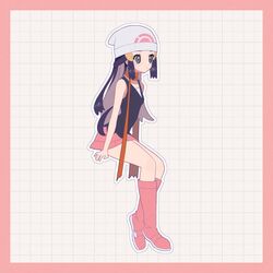  bad_id bad_twitter_id beanie black_hair black_shirt boots border closed_mouth dawn_(pokemon) female full_body graph_paper grey_eyes hair_ornament hairclip hat highres invisible_chair long_hair outline pink_border pink_footwear pink_skirt poke_ball_print pokemon pokemon_dppt scarf shigusa_e shirt sitting skirt sleeveless sleeveless_shirt solo white_hat 