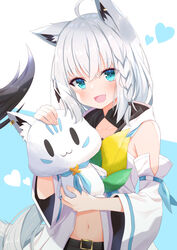  :3 :d absurdres ahoge animal_ear_fluff animal_ears blue_eyes blush braid collarbone commentary_request detached_sleeves divergenceok female fox_ears fox_girl fox_tail hair_between_eyes heart highres hololive hood hood_down long_hair long_sleeves looking_at_viewer midriff navel open_mouth shirakami_fubuki shirakami_fubuki_(1st_costume) shirt simple_background single_braid smile solid_oval_eyes solo sukonbu_(shirakami_fubuki) tail tail_raised two-tone_background upper_body very_long_hair virtual_youtuber white_hair white_shirt wide_sleeves 