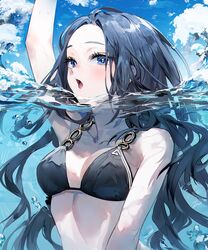  air_bubble arm_up bikini black_bikini blue_eyes blue_hair blue_theme breasts bubble cloud commentary day eyelashes female highres long_eyelashes long_hair medium_breasts muaooooo o-ring o-ring_bikini o-ring_top ocean open_mouth original partially_submerged partially_underwater_shot sky solo summer swimsuit symbol-only_commentary water waves 