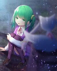  bad_id bad_pixiv_id black_thighhighs blurry blurry_foreground brown_footwear dress dress_shirt female futaba_sana green_eyes green_hair hair_intakes hair_ornament hair_scrunchie highres kyuubee layered_sleeves loafers long_hair long_sleeves magia_record:_mahou_shoujo_madoka_magica_gaiden mahou_shoujo_madoka_magica mizuna_girls&#039;_academy_school_uniform neck_ribbon open_mouth purple_dress red_ribbon ribbon rin-eri-m0218 school_uniform scrunchie shirt shoes short_dress short_over_long_sleeves short_sleeves sitting solo thighhighs twintails white_shirt yellow_scrunchie zettai_ryouiki 