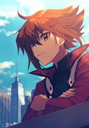  1boy bangs black_shirt brown_eyes brown_hair building city crossed_arms duel_academy_uniform_(yu-gi-oh!_gx) hair_between_eyes jacket male_focus mikami_(mkm0v0) multicolored_hair open_clothes open_jacket outdoors red_jacket shadow shirt skyscraper solo two-tone_hair upper_body wind yu-gi-oh! yu-gi-oh!_gx yuuki_juudai 