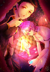  2boys andro_m._jazz asmodeus_alice black_hair booth_seating bracelet cup curtains demon_boy hand_up highres holding holding_cup ichika392 index_finger_raised indoors jewelry looking_at_viewer mairimashita!_iruma-kun male_focus multiple_boys orange_eyes pink_hair pointy_ears red_nails short_sleeves sitting table 