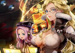  2girls amy_chrysanthemum beret blonde_hair blue_eyes bow breasts coat commentary_request fur_trim god_eater god_eater_3 hairbow hat headphones highres hilda_henriquez large_breasts lips long_hair looking_at_viewer monocle multiple_girls open_mouth parted_bangs pink_hair simple_background smile tarutaru_yamaoka tied_hair upper_body 