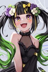  absurdres bare_shoulders black_dress black_hair blonde_hair blush bow collarbone dress fantasie_impromptu_(takt_op.) female grey_hair hairbow highres kohe_billialot long_hair looking_at_viewer multicolored_eyes multicolored_hair open_mouth purple_eyes smile solo takt_op. teeth twintails upper_body upper_teeth_only yellow_bow yellow_eyes 