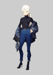  belt black_footwear closed_mouth denim female green_eyes grey_background hand_on_own_hip high_heels holding jacket jeans kureta_(nikogori) long_hair original pants simple_background sleeves_past_wrists solo standing turtleneck white_hair 