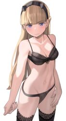  am_(star_wars) black_hairband blonde_hair blush bra braid breasts cleavage female hairband highres jourd4n lingerie long_hair looking_at_viewer medium_breasts navel panties purple_eyes solo star_wars star_wars:_visions thighhighs underwear underwear_only v-shaped_eyebrows 