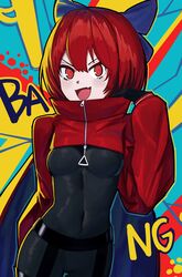  absurdres akatsuki_records black_bodysuit blastoisenn bodysuit breasts commentary contrapposto covered_navel cropped_jacket female highres jacket oerba_yun_fang open_mouth red_eyes red_hair red_jacket ringed_eyes rock_&#039;n&#039;_rock_&#039;n&#039;_beat sekibanki skin_fang skin_tight sleeves_past_wrists small_breasts smile solo symbol-only_commentary touhou v-shaped_eyebrows 