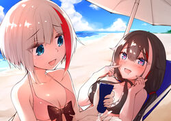  2girls absurdres admiral_graf_spee_(azur_lane) azur_lane beach beach_umbrella bikini black_bikini black_hair blue_eyes blue_sky blush breasts cleavage cloud commentary_request day deutschland_(azur_lane) deutschland_(service_time?!)_(azur_lane) hair_ornament heart heart-shaped_pupils heart_in_eye highres large_breasts long_hair looking_at_viewer medium_breasts multicolored_hair multiple_girls ocean open_mouth outdoors partial_commentary pink_bikini red_hair ryou_(ryo_217cafe) short_hair sidelocks sky smile streaked_hair sweatdrop swimsuit symbol-shaped_pupils symbol_in_eye umbrella water white_hair 