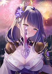  absurdres armor blush breasts cleavage commentary_request electricity female fireworks flower genshin_impact hair_ornament highres hilt japanese_clothes kimono large_breasts long_hair looking_at_viewer mole mole_under_eye obi obiage open_mouth purple_eyes purple_flower purple_hair raiden_shogun ribbon sash shoulder_armor solo tassel tomoe_(symbol) zhongwu_chahui 