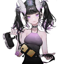  absurdres alver antenna_hair armpit_crease bag bare_shoulders black_collar black_footwear black_hair black_nails charm_(object) closed_mouth collar collarbone ditto female fingernails highres holding holding_bag horns long_fingernails long_hair mole mole_under_mouth multicolored_hair original pink_hair pokemon purple_eyes purple_hair shoe_dangle simple_background smile solo spiked_collar spikes twintails white_background white_horns 