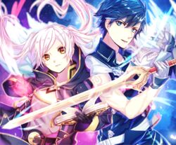  1boy :d bad_id bad_pixiv_id black_gloves blue_eyes blue_hair book chrom_(fire_emblem) closed_mouth collarbone falchion_(fire_emblem) female fire_emblem fire_emblem_awakening floating_hair gloves grey_gloves holding holding_sword holding_weapon long_hair looking_at_viewer open_book open_mouth robin_(fire_emblem) short_hair sleeveless smile swept_bangs sword tida_2112 upper_body very_long_hair weapon white_hair wizard yellow_eyes 