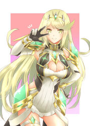  bad_id bad_pixiv_id bare_legs bare_shoulders blonde_hair breasts chest_jewel cleavage cleavage_cutout clothing_cutout dress earrings elbow_gloves female gloves highres jewelry large_breasts long_hair mythra_(xenoblade) shiroxai short_dress swept_bangs thigh_strap tiara very_long_hair white_dress white_gloves xenoblade_chronicles_(series) xenoblade_chronicles_2 yellow_eyes 