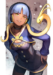  alternate_color blue_hair blunt_bangs breasts choker cropped_jacket dark-skinned_female dark_skin female hands_on_own_hips headphones hinoru_saikusa leaning_forward looking_at_viewer meuniel phonon_(under_night_in-birth) short_hair shorts small_breasts solo under_night_in-birth yellow_eyes 