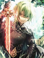  1boy backlighting bad_id bad_pixiv_id black_gloves blurry blurry_foreground byleth_(fire_emblem) byleth_(male)_(fire_emblem) closed_mouth day enlightened_byleth_(male) fire_emblem fire_emblem:_three_houses gloves green_eyes green_hair hair_between_eyes hair_intakes highres holding holding_sword holding_weapon looking_at_viewer male_focus outdoors sitting solo sword sword_of_the_creator tida_2112 weapon 