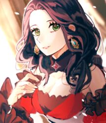  bad_id bad_pixiv_id blurry blurry_background breasts brown_hair cleavage commentary_request dorothea_arnault earrings female fire_emblem fire_emblem:_three_houses green_eyes jewelry long_hair looking_at_viewer medium_breasts parted_lips solo tida_2112 upper_body 