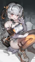  bare_shoulders black_hair breasts cleavage collarbone commentary female gloves highres large_breasts long_hair looking_at_viewer multicolored_hair orange_eyes orange_theme original shoes sitting sitting_on_animal smile sneakers solo symbol-only_commentary thighs twintails two-tone_hair voruvoru white_footwear white_gloves white_hair 