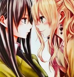  2girls aihara_mei aihara_yuzu black_hair blonde_hair blush citrus_(saburouta) cropped earrings embarrassed inseki jewelry long_hair multiple_girls non-web_source saburouta staring step-siblings step-sisters third-party_edit yuri 