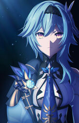  absurdres black_hairband blue_eyes blue_necktie breasts brooch chinese_wolfberry closed_mouth clothing_cutout dark_background eula_(genshin_impact) female genshin_impact hair_between_eyes hairband highres jewelry light_particles looking_at_viewer medium_breasts medium_hair necktie serious shirt shoulder_cape shoulder_cutout solo upper_body vision_(genshin_impact) white_shirt yellow_eyes 