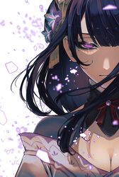  absurdres black_hair breasts cleavage closed_mouth commentary english_commentary female flower genshin_impact hair_flower hair_ornament highres japanese_clothes kokollet large_breasts long_hair looking_at_viewer mole mole_under_eye purple_eyes purple_flower raiden_shogun ribbon simple_background solo tassel white_background 