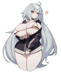  !? ahoge arm_under_breasts bikini bikini_top_only black_choker blush breasts choker cleavage collarbone covered_nipples fate/grand_order fate_(series) female gold_bikini grey_hair highres huge_breasts jacket jeanne_d&#039;arc_alter_(fate) long_hair long_sleeves looking_at_viewer open_clothes open_jacket orange_eyes parted_lips partially_unzipped psidubs pulling_own_clothes simple_background skindentation solo swimsuit thick_thighs thighs unzipped unzipping very_long_hair white_background zipper zipper_pull_tab 