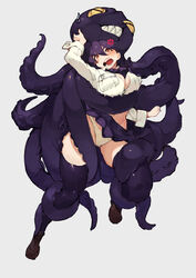  anger_vein angry between_breasts black_hair black_necktie black_skirt black_thighhighs blush breasts brown_footwear female filia_(skullgirls) grey_background groping hair_between_eyes kureta_(nikogori) large_breasts long_hair necktie octopus open_mouth orange_eyes panties samson_(skullgirls) school_uniform simple_background skirt skull skullgirls sweat sweatdrop teeth tentacle thighhighs tongue underwear white_panties 