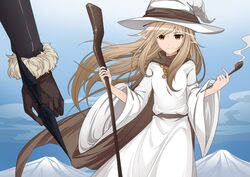  2girls absurdres brown_cape brown_eyes brown_gloves brown_hair cape commentary_request day fur_trim gloves hat highres holding holding_staff ke_(justanegg) kunai long_hair long_sleeves miracera_master_of_the_magic_institute multiple_girls outdoors pixiv_fantasia pixiv_fantasia_last_saga quintica_chief_of_the_polar_night robe smoking smoking_pipe solo_focus staff standing weapon white_headwear white_robe wide_sleeves 