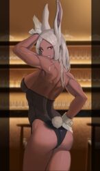  absurdres animal_ears arm_up ass back bar_(place) bare_shoulders boku_no_hero_academia breasts dark-skinned_female dark_skin female gloves hand_on_own_hip highleg highleg_leotard highres large_breasts leotard long_eyelashes long_hair looking_at_viewer looking_back median_furrow mirko muscular muscular_female parted_bangs rabbit_ears rabbit_girl rabbit_pose rabbit_tail red_eyes sideboob smile solo soolee040995 strapless strapless_leotard tail tail_through_clothes thighs white_gloves white_hair wrist_cuffs 