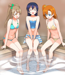  3girls a1_(initial-g) barefoot bikini blue_bikini blue_eyes blue_hair breasts brown_eyes brown_hair closed_eyes commentary_request doctor_fish feet fish fish_pedicure green_bikini kosaka_honoka long_hair looking_down love_live! love_live!_school_idol_project minami_kotori multiple_girls one_side_up orange_hair sarong short_hair sitting small_breasts smile soaking_feet sonoda_umi swimsuit yellow_bikini 