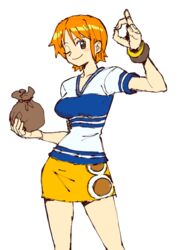  blush_stickers bracelet breasts brown_eyes closed_mouth cowboy_shot dreaminerryday english_commentary female holding holding_money jewelry medium_breasts miniskirt money nami_(one_piece) ok_sign one_eye_closed one_piece orange_hair shirt short_hair short_sleeves skirt smile solo standing striped_clothes striped_shirt two-tone_shirt v-neck white_background yellow_skirt 