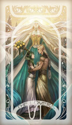  1boy 2girls armlet blue_dress closed_eyes dress earrings eye_contact green_eyes green_hair hand_on_another&#039;s_arm highres jewelry long_hair looking_at_another low-tied_long_hair multiple_girls noa_ikeda original pointy_ears profile straight tarot the_lovers_(tarot) topless_male white_hair 