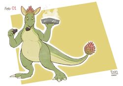  2023 alternate_species ambiguous_gender anthro baking brownies countershading digital_drawing_(artwork) digital_media_(artwork) dragontzin dragontzin_(character) eating eating_food food_in_mouth hi_res kangaroo macropod mammal marsupial signature simple_background solo 