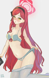  black_hairband blue_archive blush bra breasts female hairband halo highres holding holding_clothes holding_panties holding_underwear long_hair looking_at_viewer lyib navel open_mouth panties pantyhose red_hair red_halo self-upload solo stomach takane_(blue_archive) underwear white_background white_bra white_panties white_pantyhose yellow_eyes 