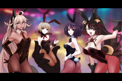  absurdres ahoge animal_ears black_eyes black_gloves breasts brown_hair dark_skin detached_collar dog_ears dog_tail fate/grand_order fate_(series) flower gloves grey_hair hair_bun hair_flower hair_ornament highres katsushika_hokusai_(fate) katsushika_hokusai_(third_ascension)_(fate) kyokutei_bakin_(fate) large_breasts letterboxed long_hair medium_breasts nana73 pantyhose playboy_bunny ponytail purple_hair red_eyes rengoku_(fate) sen_no_rikyu_(fate) single_hair_bun small_breasts tail wrist_cuffs 