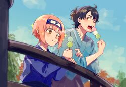  1boy ahoge aragaki_jotaro aragaki_rei black_hair blue_kimono brown_eyes dango day eating father_and_daughter female food headband holding holding_food japanese_clothes kimono long_sleeves outdoors pink_hair railing short_hair smile sparkle taiso_samurai twitter_username wagashi yori_(cookiyoriyo) 