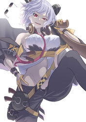  absurdres bare_shoulders between_breasts black_coat black_panties black_pants black_wristband breasts coat commentary detached_collar drum_magazine female girls&#039;_frontline gloves grey_hair groin gun half-closed_eye half_gloves hand_on_own_hip head_tilt headphones headphones_around_neck highres holding holding_gun holding_weapon knife large_breasts leg_up looking_at_viewer magazine_(weapon) multicolored_coat navel necktie necktie_between_breasts no_headwear off_shoulder open_fly over_shoulder panties pants parted_lips red_eyes red_necktie shirt short_hair simple_background smile solo submachine_gun sunglasses thigh_strap thompson_(girls&#039;_frontline) thompson_submachine_gun trigger_discipline two-tone_coat underwear unworn_eyewear weapon weapon_over_shoulder white_background white_shirt yellow_coat yellow_gloves zandorosouls 