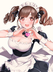  +_+ alternate_hairstyle apron black_dress black_ribbon blush breasts brown_hair cleavage cleavage_cutout clothing_cutout curly_hair detached_collar dot_nose dress female frilled_apron frills gradient_background hair_ribbon hands_up heart heart_hands idolmaster idolmaster_shiny_colors koukoku large_breasts long_hair looking_at_viewer maid_headdress open_mouth red_eyes ribbon short_sleeves simple_background smile solo sonoda_chiyoko standing twintails white_apron white_background white_wrist_cuffs wrist_cuffs 